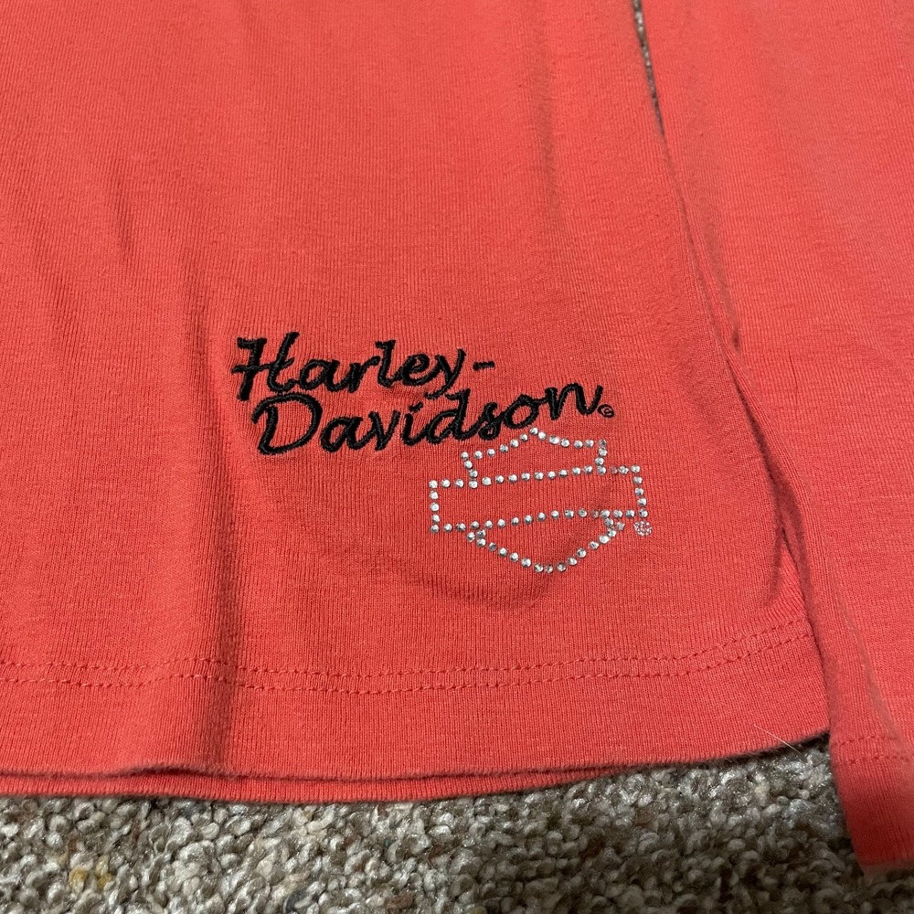 Harley Davidson Womens Coral Orange Rhinestone Split Neck Long Sleeve Top Size M - Picture 3 of 6